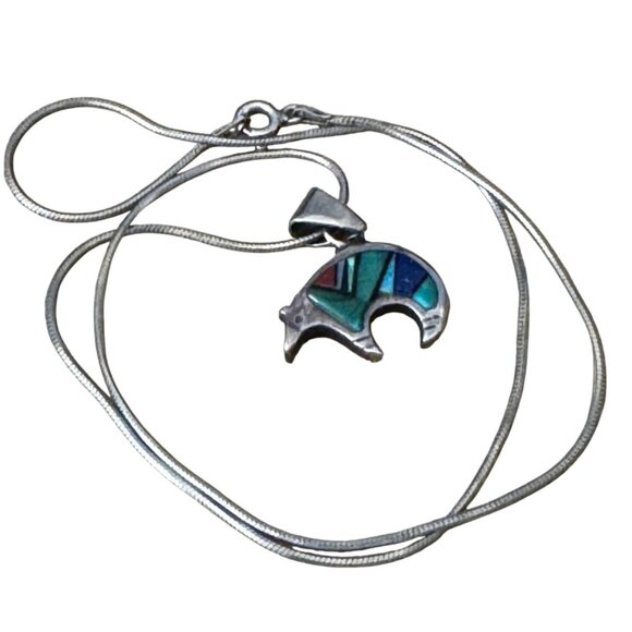 Sterling Inlay Bear Pendant Turquoise Mix 3/4" Heartline Arrow 18" Chain - Picture 1 of 5